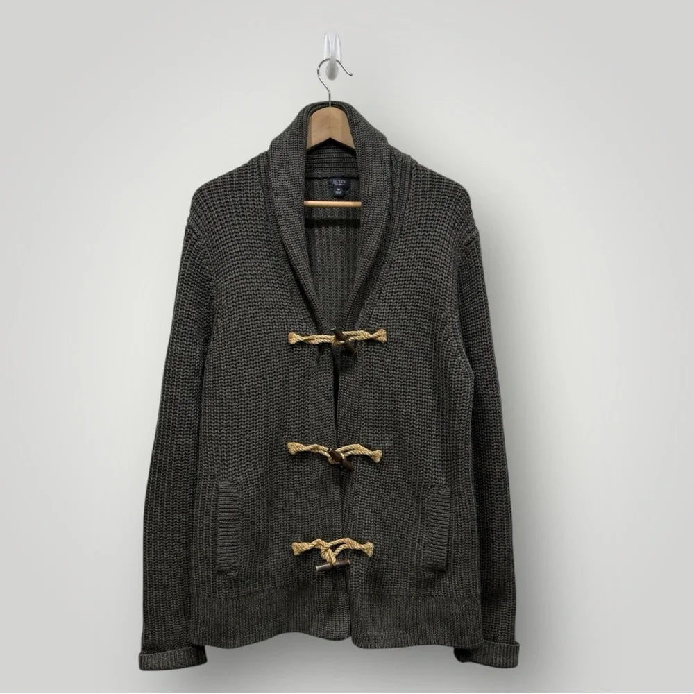 J. Crew Chunky 100% Wool Ribbed Toggle Closures Shawl Collar Cardigan Sz M Green